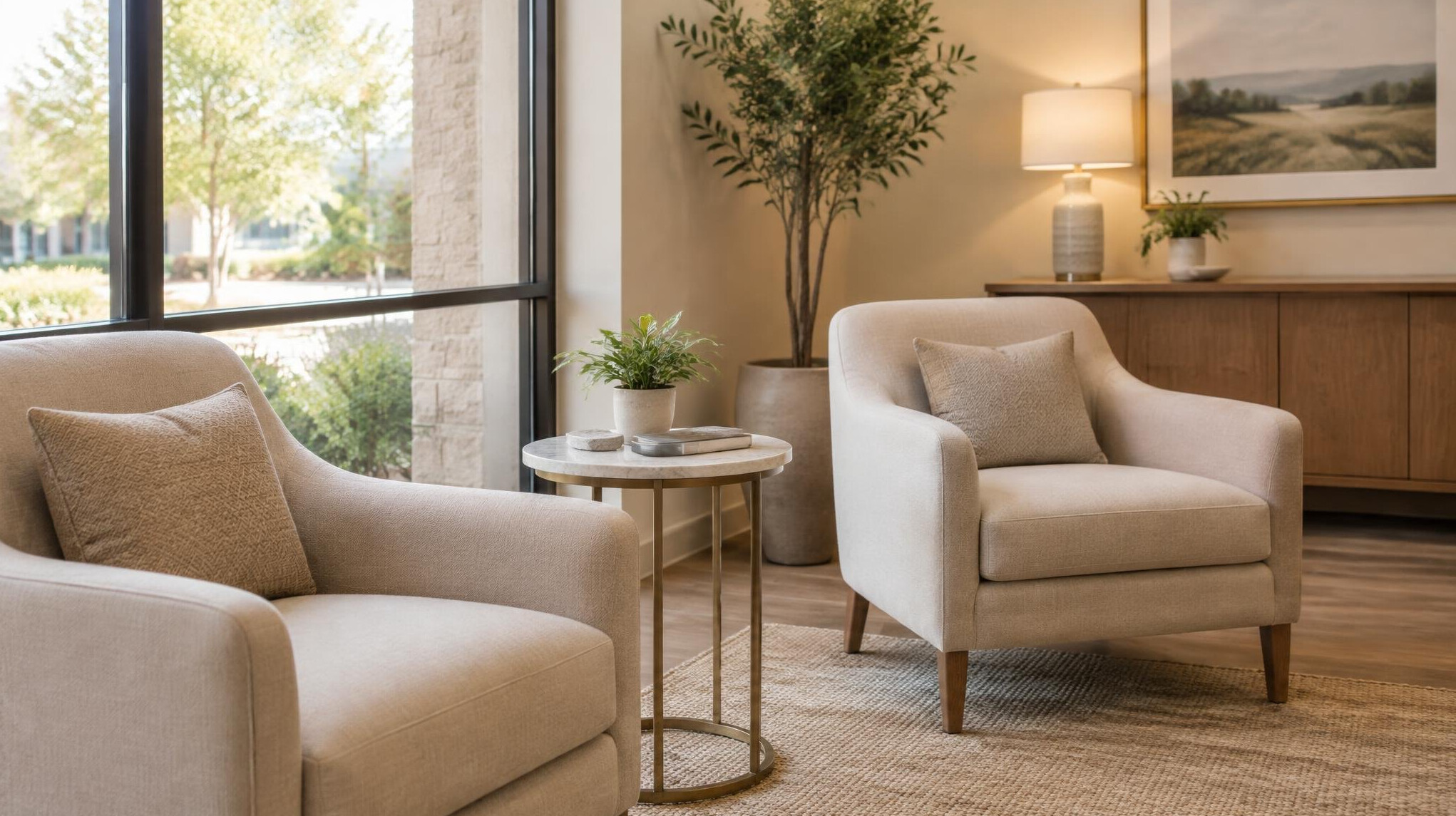 Calm waiting area with soft seating in a studio