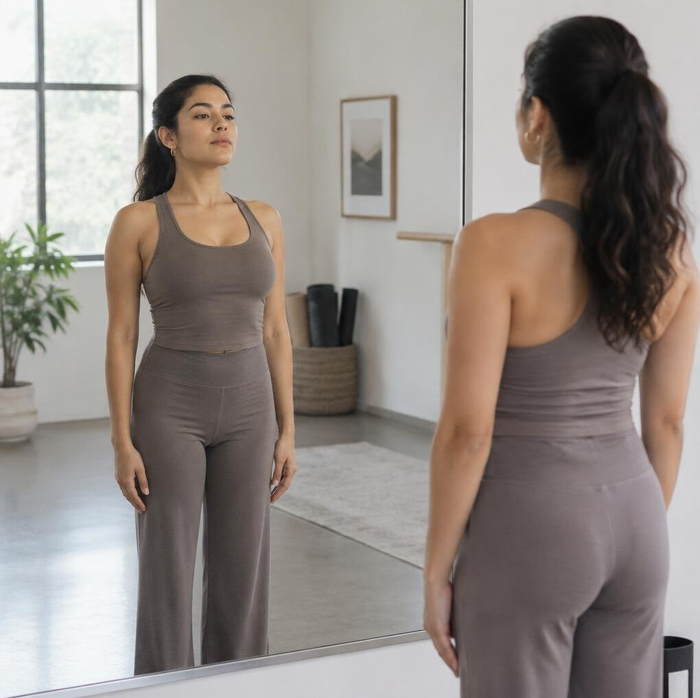 Woman practicing posture in front of a mirror